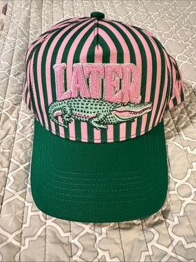 Pink & Green Striped 'LATER' Cap with Crocodile Embroidery